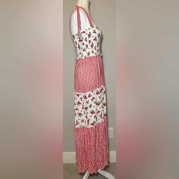 bebop Strawberry Gingham Maxi Dress Cottagecore Smocked Picnic Summer Flowy S - Picture 5 of 10